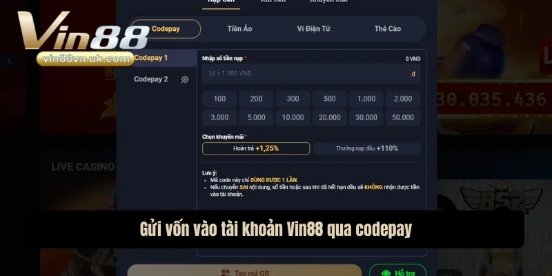 Gửi vốn vào tài khoản Vin88 qua codepay